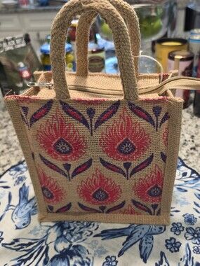Handheld Jute Tote Bag in Natural with Pink & Blue Floral Print